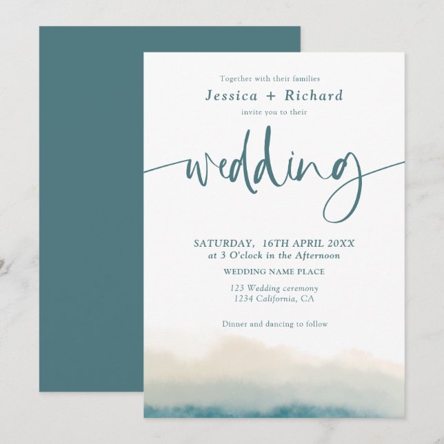 Invitation Script de mariage d'été doux et turquoise (Devant / Derrière)