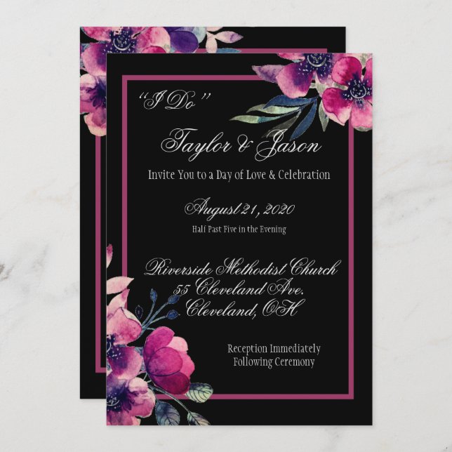 Invitation Script de Mariage romantique noir et rose (Devant / Derrière)
