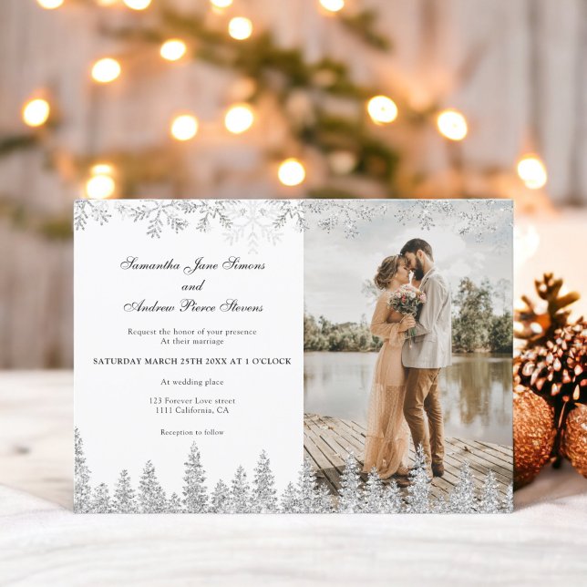 Invitation Script de neige d'hiver argent moderne 1 mariage p (Modern silver winter snow script 1 photo wedding invitation)
