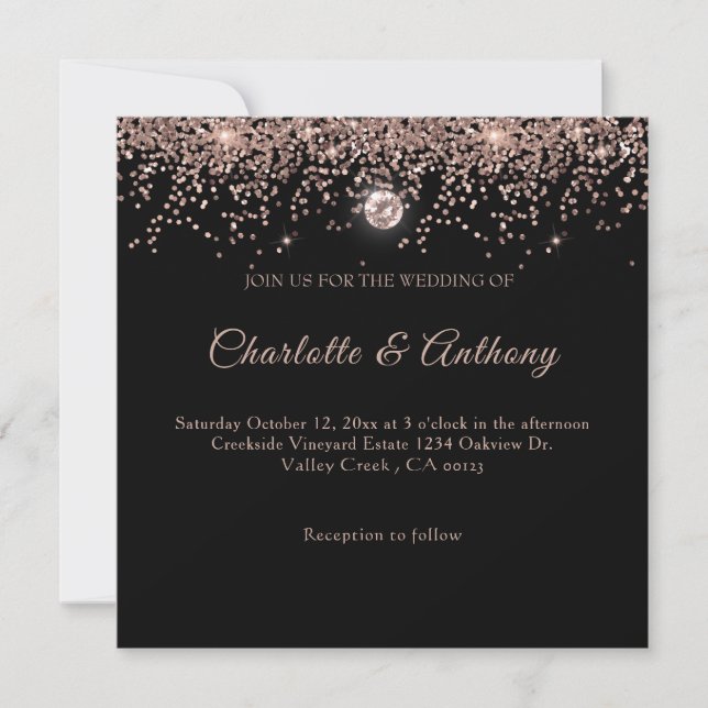 Invitation Script de Parties scintillant en or Rose noir (Devant)
