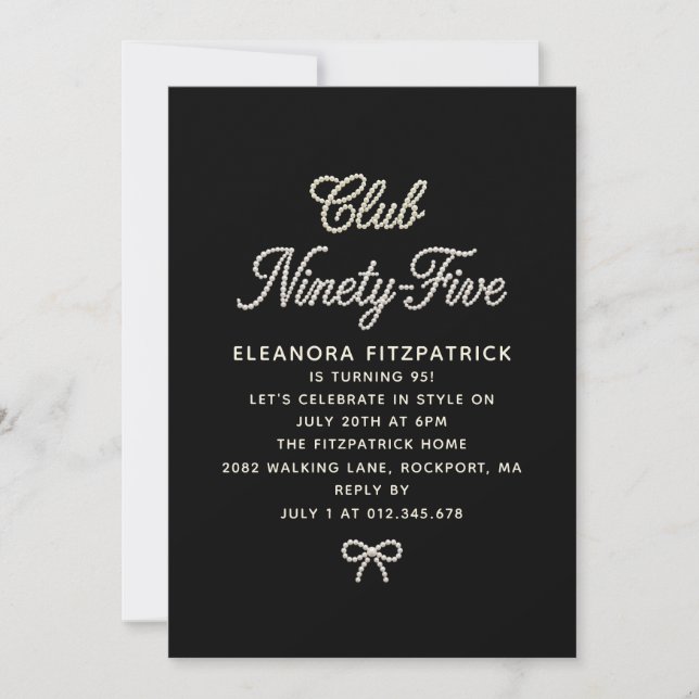 Invitation Script de perle noir et blanc pour 95e anniversair (Devant)