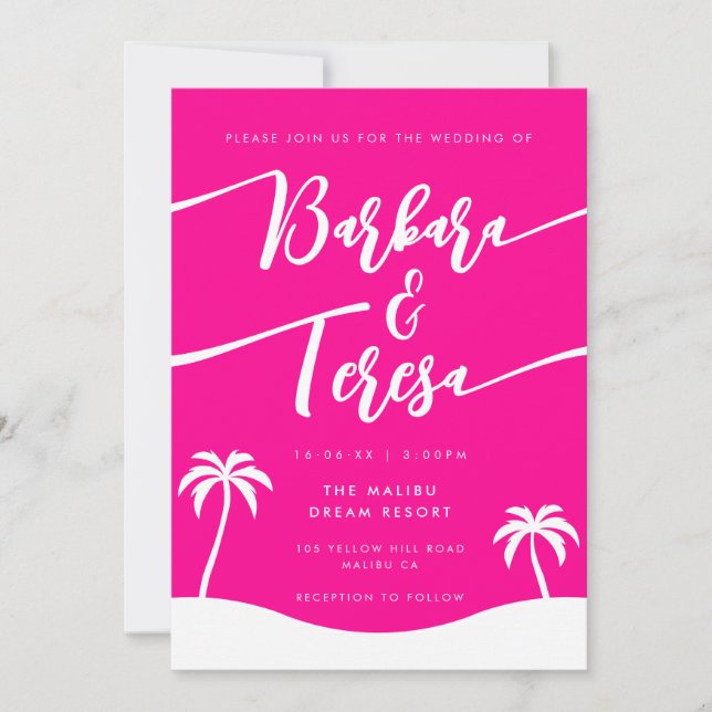 Invitation Script de plage Tropical Rose Hot Lesbian Mariage (Devant)