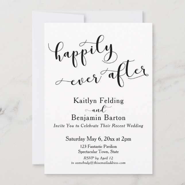Invitation Script de réception noir et blanc de Happily Ever  (Devant)
