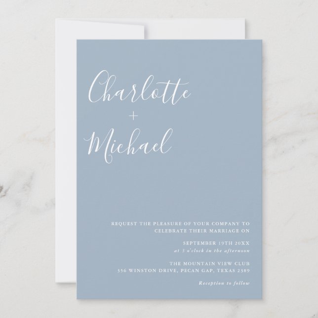 Invitation Script de signature minimaliste Mariage bleu pouss (Devant)