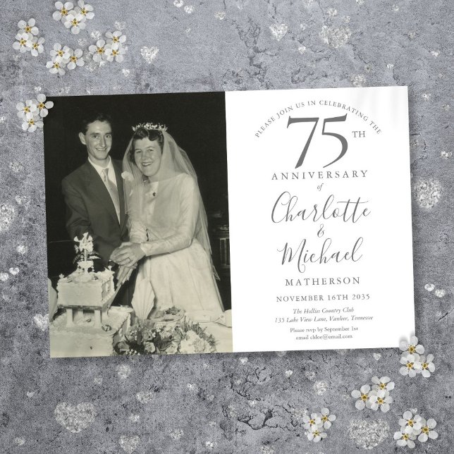 Invitation Script de signature Photo d'anniversaire de mariag (Signature Script 75th Wedding Anniversary Photo Invitation)