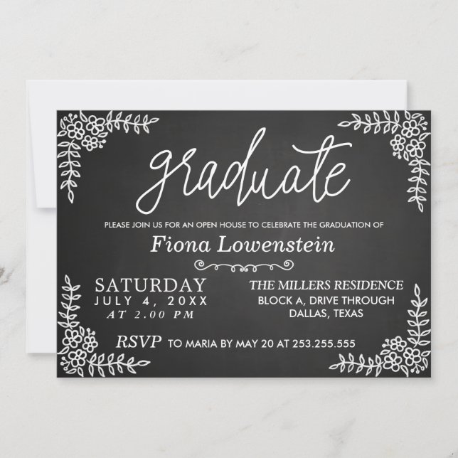 Invitation Script de tableau noir | Floral | Diplôme Open Hou (Devant)