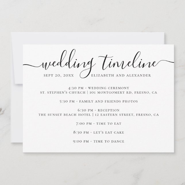 Invitation Script de timeline de mariage noir et blanc (Devant)
