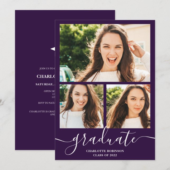 Invitation Script de troisième cycle violet 3 photos graduati (Devant / Derrière)