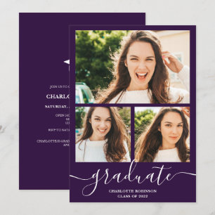 Invitation Script de troisième cycle violet 3 photos graduati