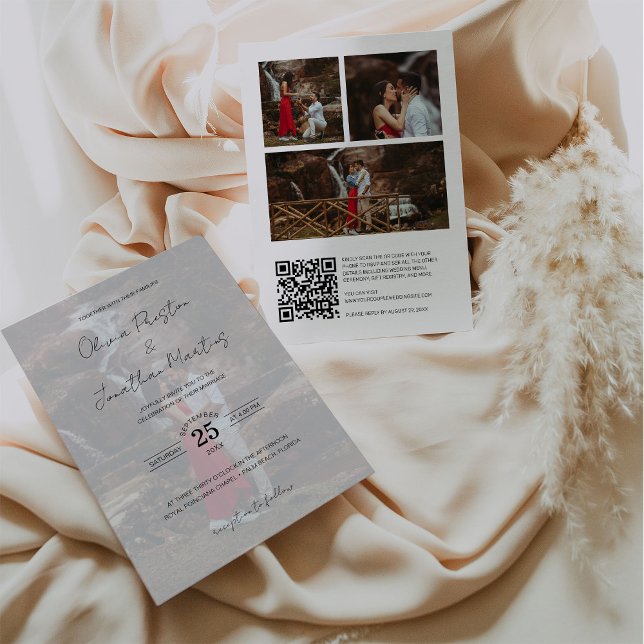 Invitation Script Delicate 4 Photos Mariage QR Code RSVP (Créateur téléchargé)