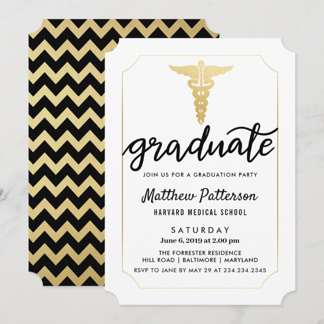 Invitation Script d'études supérieures Gold Caduceus | Gold C (Devant / Derrière)