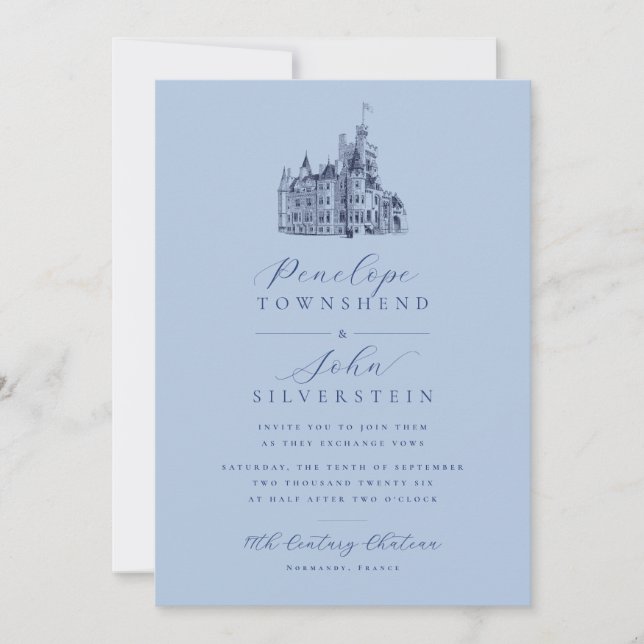 Invitation Script d'illustration du château Mariage bleu fran (Devant)