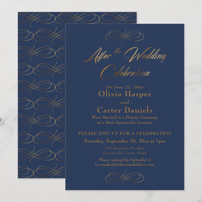 Invitation Script Doré Après la Célébration de Mariage Navy (Devant / Derrière)