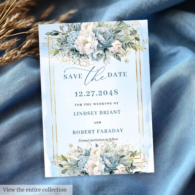 Invitation Script Dusty Blue White Gold Flowers Enregistrer L (Script Dusty Blue White Gold Flowers Save The Date)