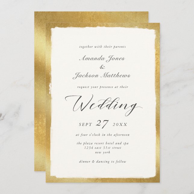 Invitation Script élégant avec Mariage semi-formel Gold Edge (Devant / Derrière)