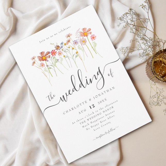Invitation Script élégant de Meadow fleur sauvage (Boho wildflower meadow elegant script wedding invitation Watercolor flowers fall colors)