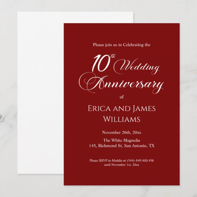 Invitation Script élégant du 10e anniversaire du Mariage Tin (Devant / Derrière)