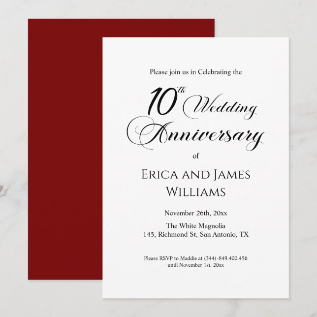 Invitation Script élégant du 10e anniversaire du Mariage Tin (Devant / Derrière)