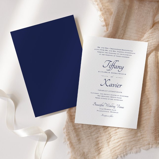 Invitation Script élégant Mariage bleu marine (Créateur téléchargé)