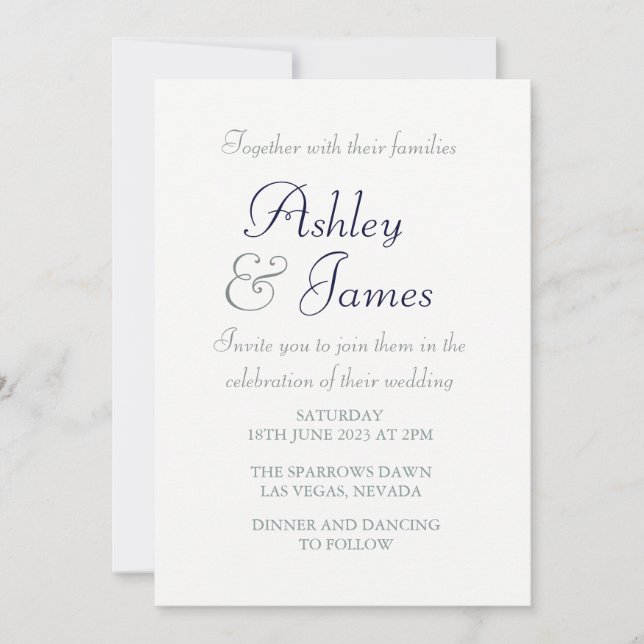 Invitation Script élégant moderne Bleu blanc Mariage simple (Devant)