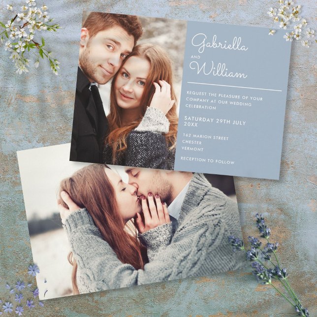 Invitation Script élégant moderne Dusty Blue 2 Mariage photo (Modern Elegant Script Dusty Blue 2 Photo Wedding Invitation)