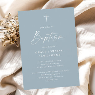 Invitation Script élégant moderne Dusty Blue Boys Baptême