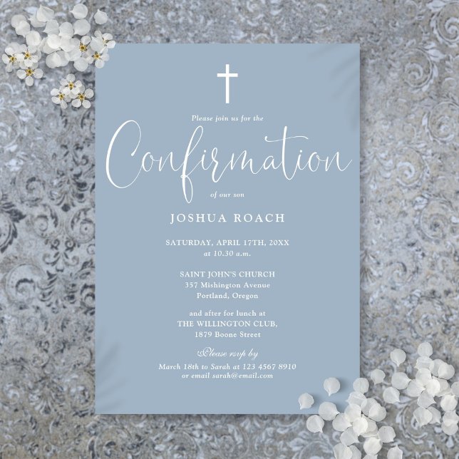 Invitation Script élégant moderne Dusty Blue Confirmation (Modern Elegant Script Dusty Blue Confirmation Invitation)