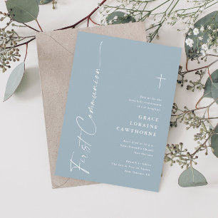 Invitation Script élégant moderne Dusty Blue First Communion