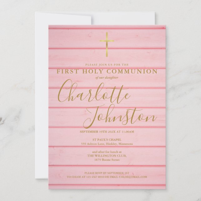 Invitation Script en bois rose rustique Première communion sa (Devant)