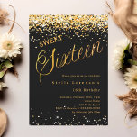 Invitation Script en or noir élégant Sweet 16<br><div class="desc">Une invitation Sweet 16 moderne. Un arrière - plan noir et le mot Seize écrit avec de grandes lettres. Décoré de confettis dorés. Personnalisez et ajoutez un nom et des détails du parti.</div>