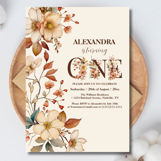 Invitation Script fleur sauvage chic moderne 1er anniversaire (Créateur téléchargé)