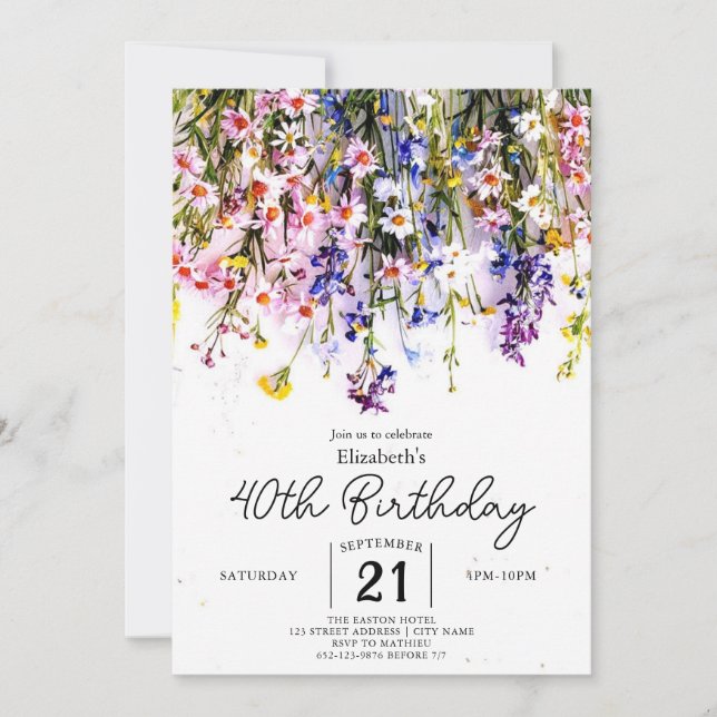 Invitation Script Fleurs sauvages personnalisés 40e anniversa (Devant)