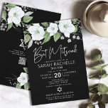 Invitation Script Floral en argent noir Bat mitzvah QR Code<br><div class="desc">Soyez fier, réjouissez-vous et présentez cette étape importante de votre Bat mitzvah préféré ! Envoyez cette invitation de code QR sophistiquée, moderne et personnalisée pour un événement à retenir. Une aquarelle florale chic, étonnante, blanche et fausse parties scintillant argentée, avec typographie de scénario de feuille d'argent et blanc sans serif...</div>