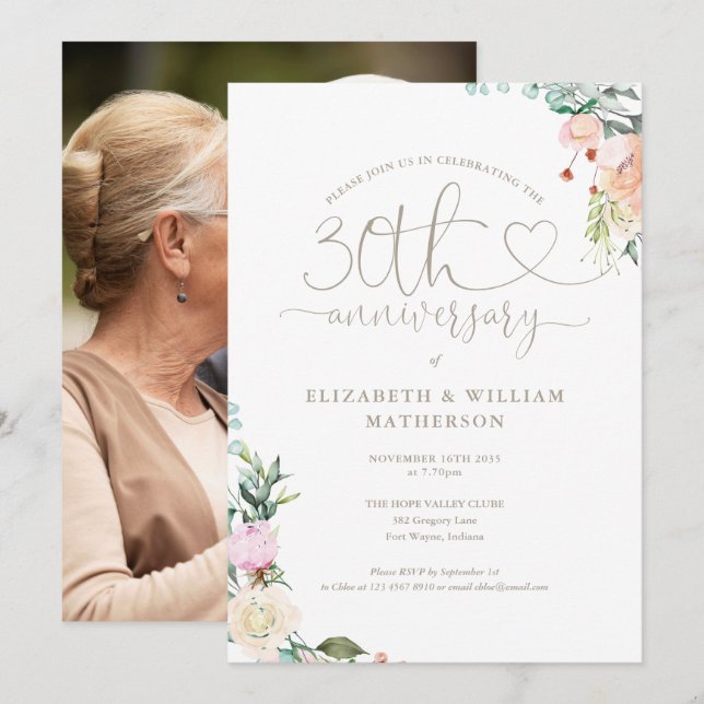 Invitation Script Floral Photo avec cœur pour 30e anniversair (Devant / Derrière)