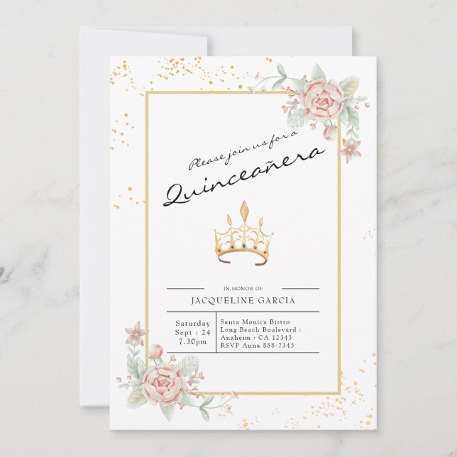 Invitation Script floral Quinceañera 15e anniversaire (Devant)