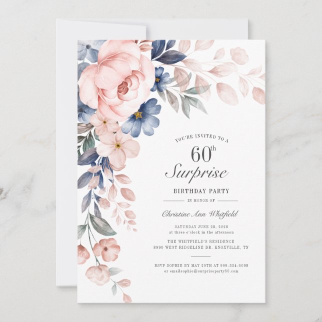 Invitation Script floral rose moderne Surprise 60e anniversai (Devant)