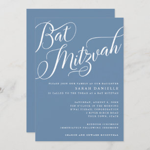 Invitation Script florissant moderne, Bat mitzvah bleu Dusty