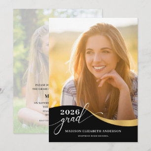 Invitation Script Forme moderne Photo Noir & Or Graduation