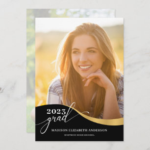 Invitation Script Forme moderne Photo Noir & Or Graduation