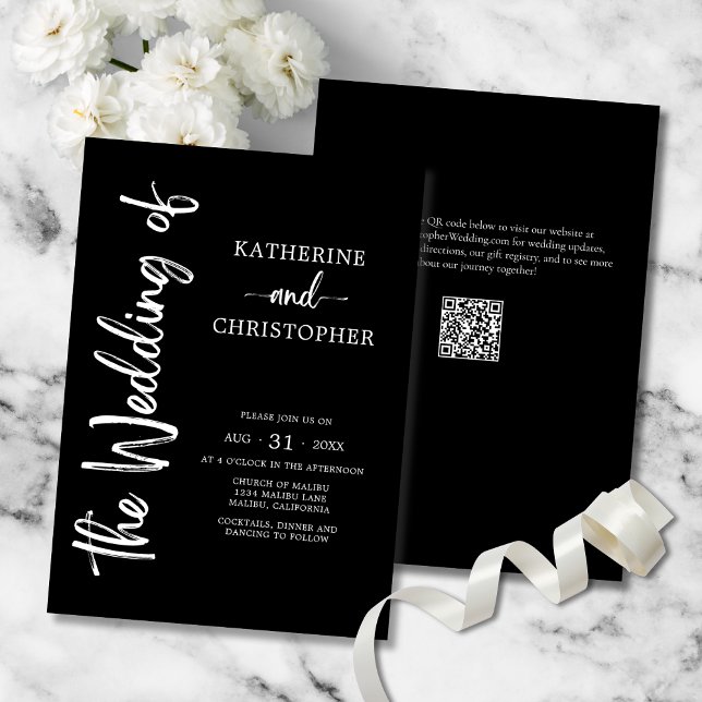 Invitation Script formel Noir Blanc élégant Mariage élégant (Elegant Bold Script Black & White Wedding Invitation with vertical calligraphy, QR code.)