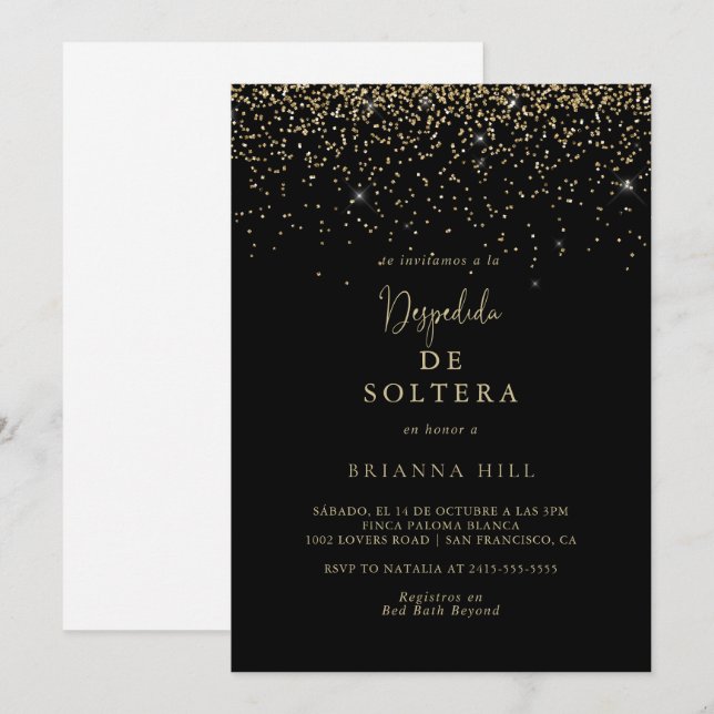 Invitation Script Gold Confetti Fête des mariées espagnole (Devant / Derrière)
