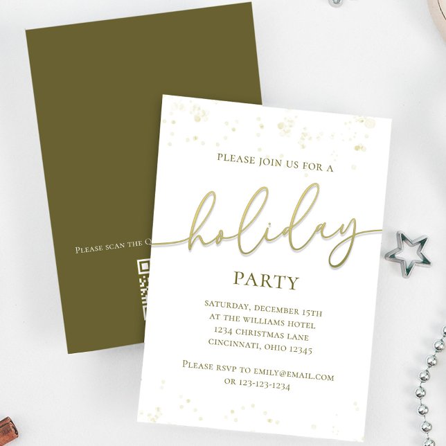 Invitation Script Gold Holiday Party (Holiday party gold gradient calligraphy script invitation. With a scannable QR Code.)