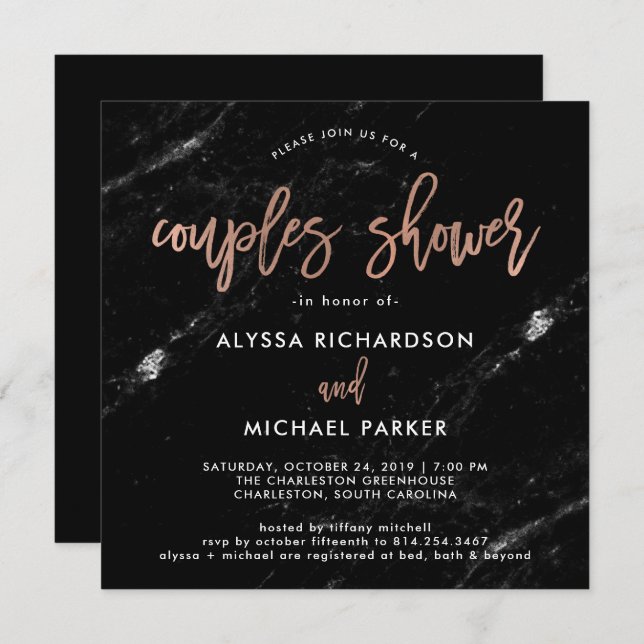 Invitation Script Gold Rose| Douche Couples en marbre noir (Devant / Derrière)