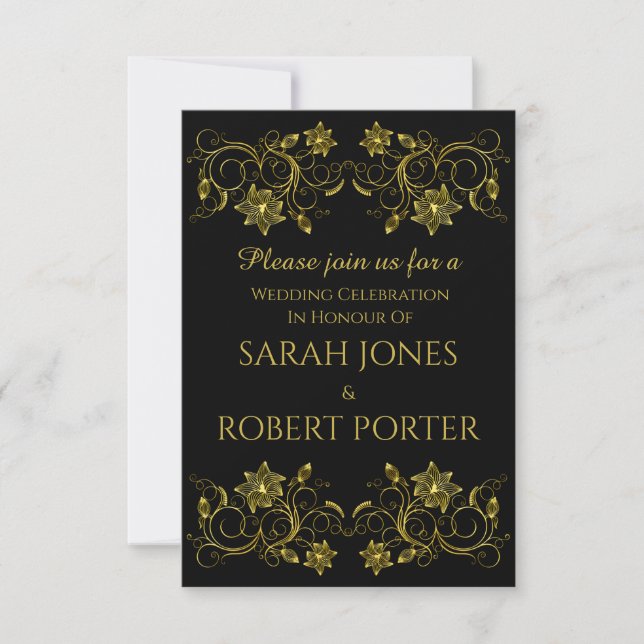 Invitation Script Gold sur noir avec Mariage de conception Fi (Devant)