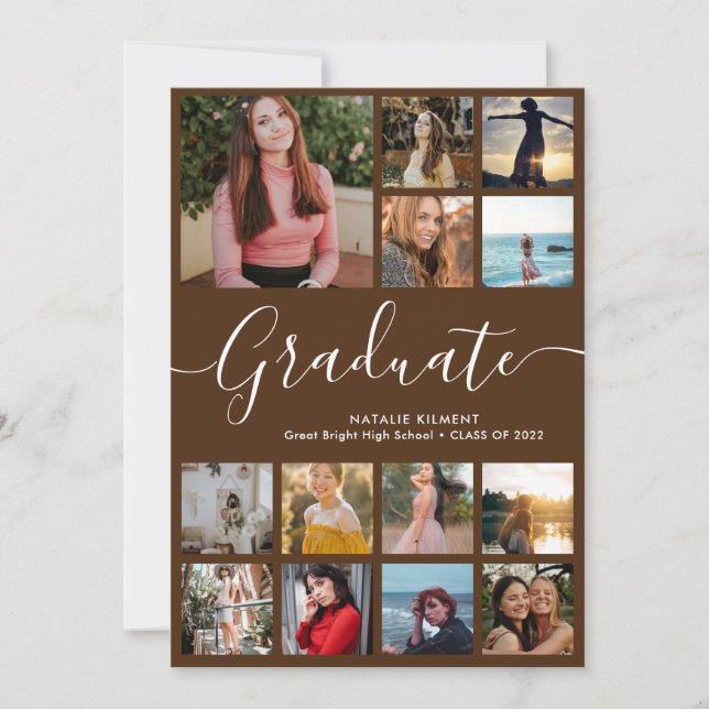 Invitation Script Graduate 14 Photo Collage Graduation Brown (Devant)