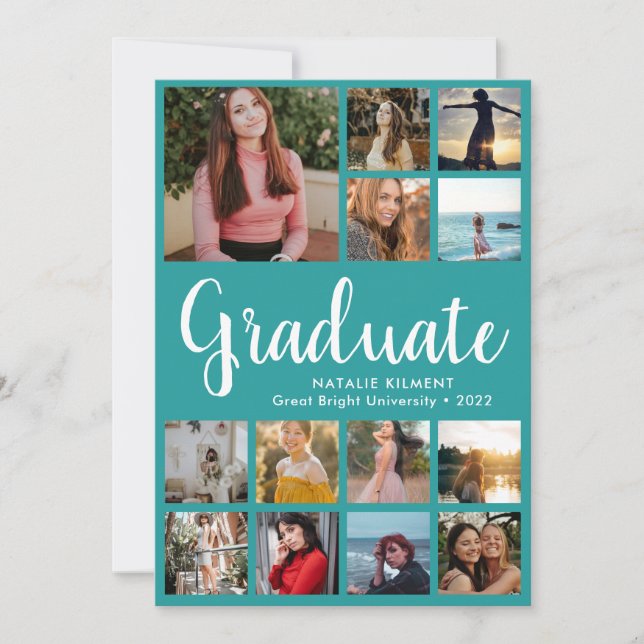 Invitation Script Graduate 14 Photo Collage Graduation Turquo (Devant)