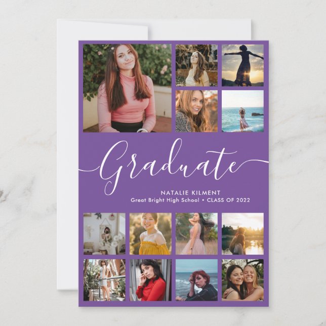 Invitation Script Graduate 14 Photo Collage Purple Graduation (Devant)