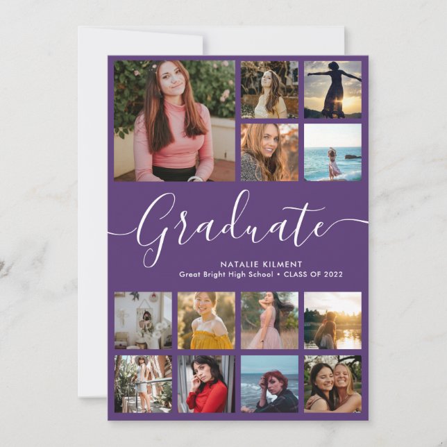 Invitation Script Graduate 14 Photo Collage Purple Graduation (Devant)