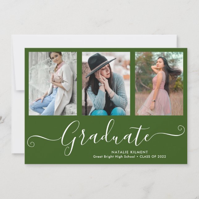 Invitation Script Graduate 4 Photo Collage Green Graduation (Devant)