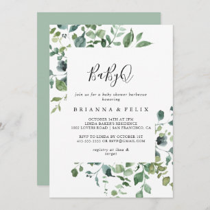 Invitation Script Green Foliage BabyQ Baby shower Barbecue